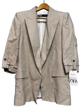 Zara Light Beige Linen-Blend Blazer